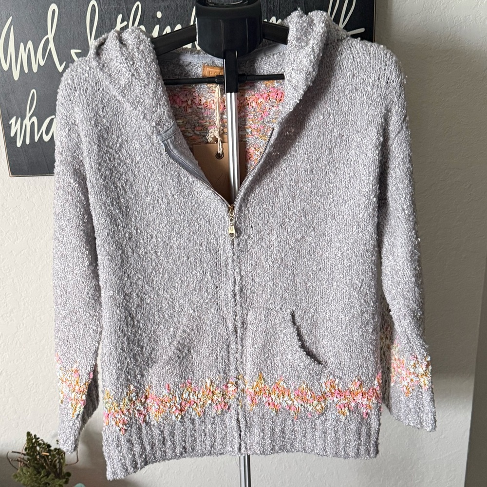 Blue Hooded Women's Sweater with Colorful Accents NWT